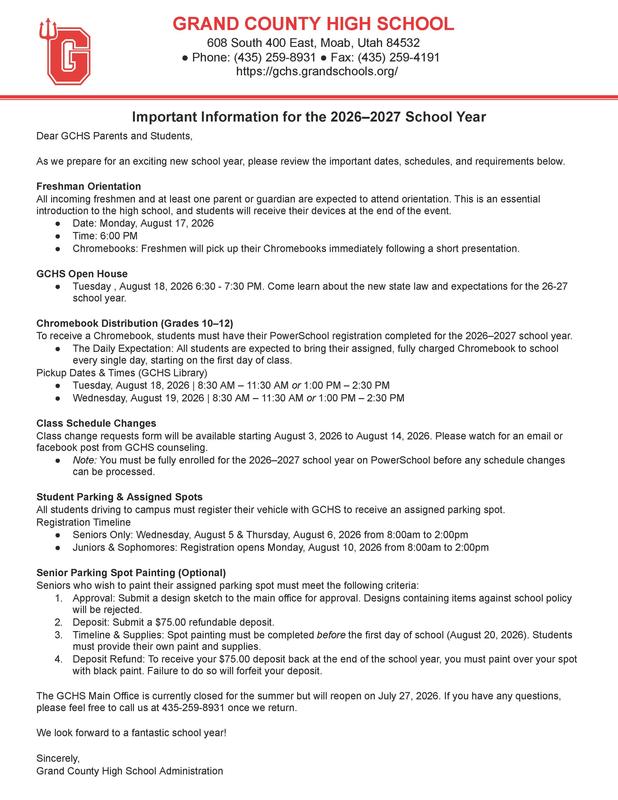 Letter from GCHS Administration