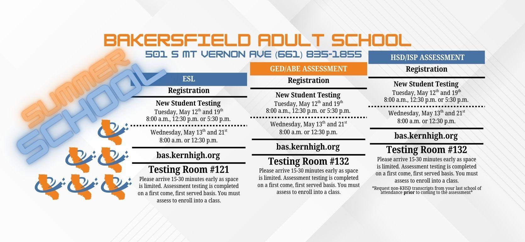 Banner for Bakersfield Adult School summer programs with registration details and dates.