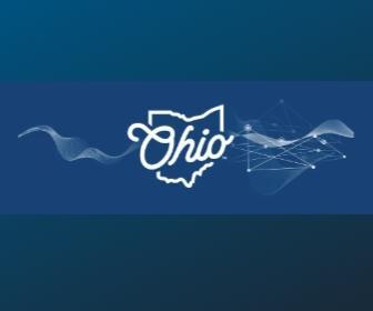 Ohio written over an outline of the state in white on a blue background