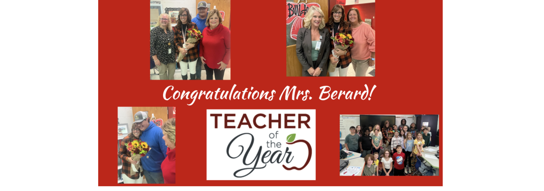 Three groups celebrating Mrs. Bernard as Teacher of the Year with flowers and smiles.