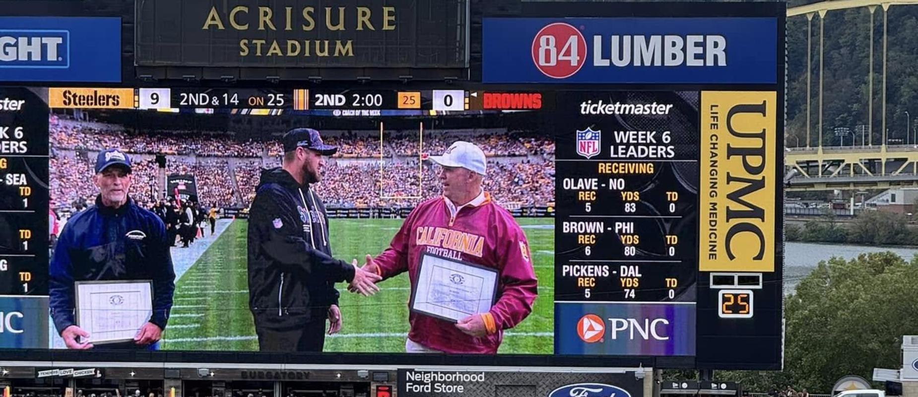 Coach Woods being recognized at the Pittsburgh Steelers game on October 12