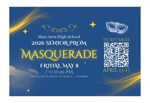 a blue background with wisp of yellow and infomatiomn regarding Mars Area High School's senior prom