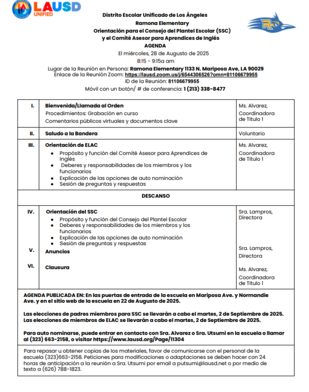 ELAC & SSC Orientation Meeting Agenda Spanish