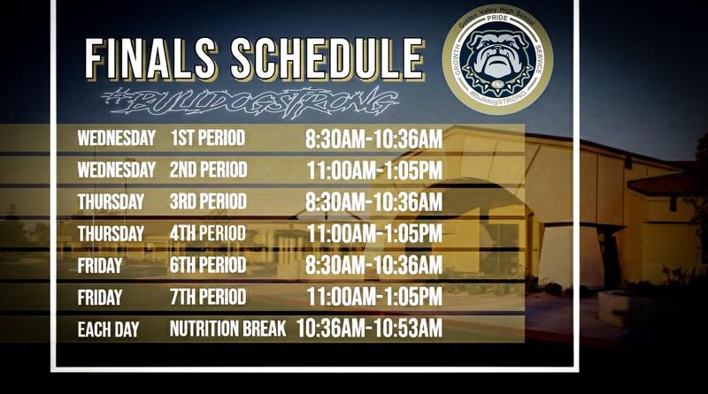 Finals schedule for Wednesday to Friday with timings and school logo.