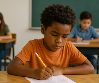 Elementary student in an orange shirt taking a test