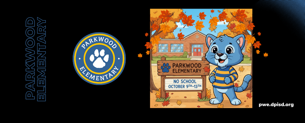 Cartoon cat mascot in front of a school with autumn leaves and a no school sign.