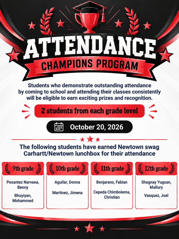 Flyer for Newtown High School's Attendance Champions Program recognizing students selected on October 20, 2026, for outstanding attendance. The graphic lists two Attendance Champions from each grade level who earned a Newtown/Carhartt lunchbox and features a red, black, and white school-themed design with a trophy and stars.