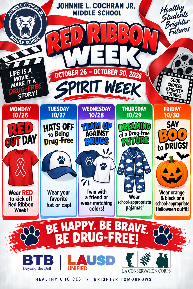 Red Ribbon Week Spirit Week flyer, Oct. 26–30, 2026, with a dress-up theme each day.