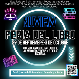 Volante negro con "luces" de neón: letras de color blanco neón, azul y rosa y libros con formas de neón.