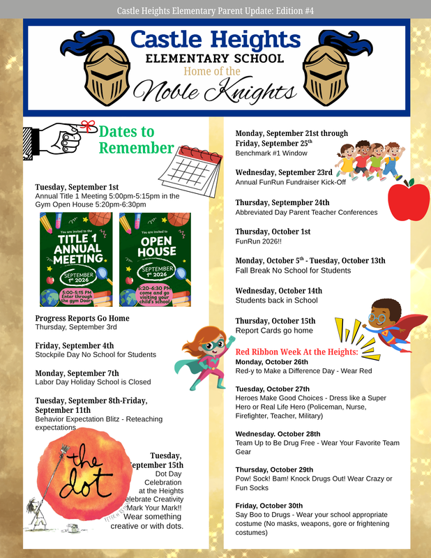 Colorful school newsletter with dates and events listed.
