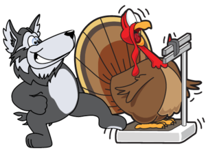 Turkey on scale and wolf stepping on it