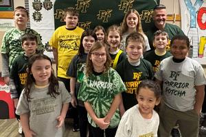 (Front row) Emilia DeDomenic, (2nd row) Gabi Waters, Charlotte Sementuh, Tyler Martz, Tobias Evins, (3rd row) Chance Koepka, Thea Kelleher, Hailey Crawley, Cade Kubany, (Back row) Jacob Jones, Brody Fuller, Anna Korekach, Zeplynn Wade, and Resource Officer Mr. John Tiller (Missing from Photo: Cienna DiLiscia and Dominic Pelligrino)