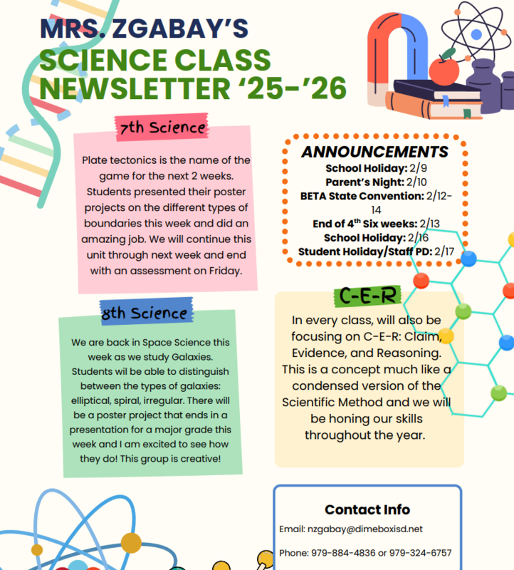 MRS. ZGABAY’S SCIENCE CLASS NEWSLETTER  ’25 - 26 Thumbnail Image