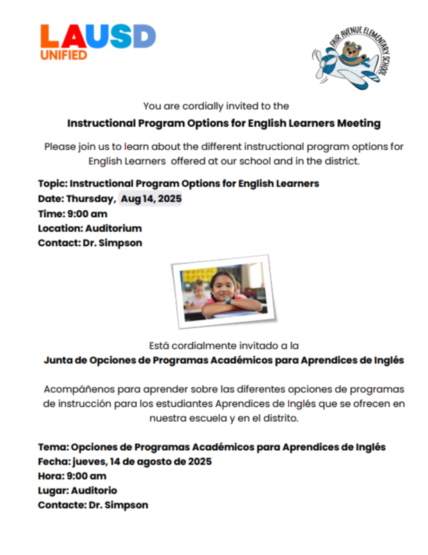 Please join us to learn about the different instructional program options for English Learners  offered at our school and in the district.