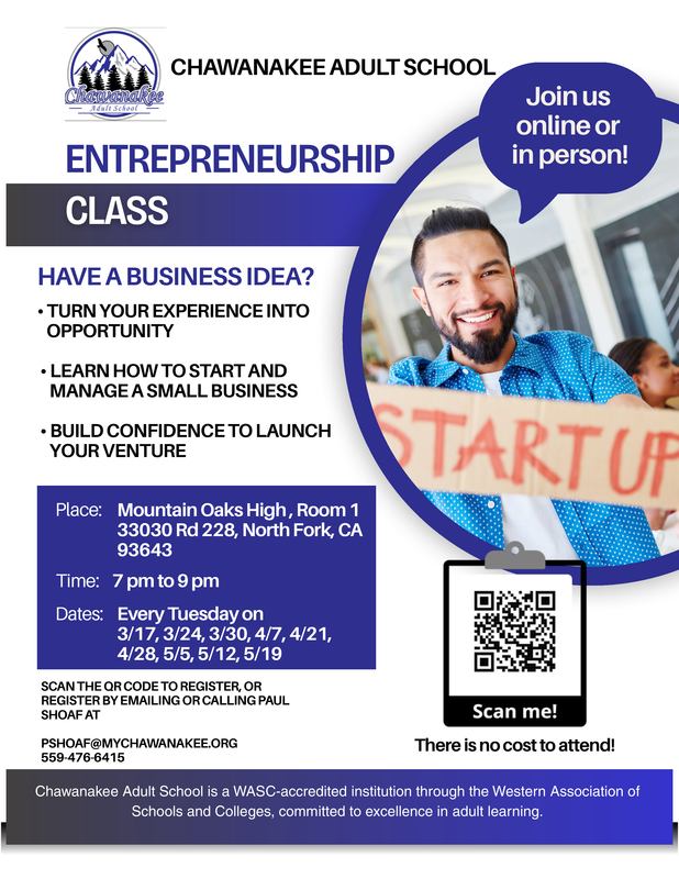 Flyer promoting entrepreneurship class with details and a QR code.