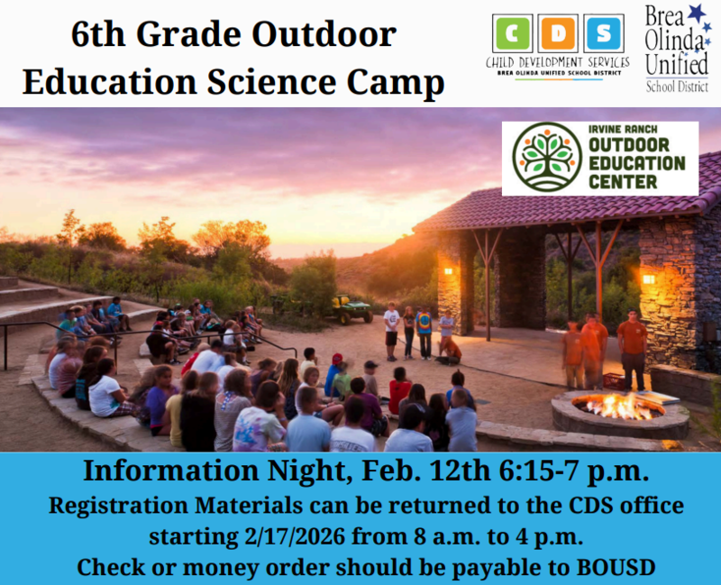 flyer for outdoor science camp with detailed info and a photo of children outside in amphitheatre