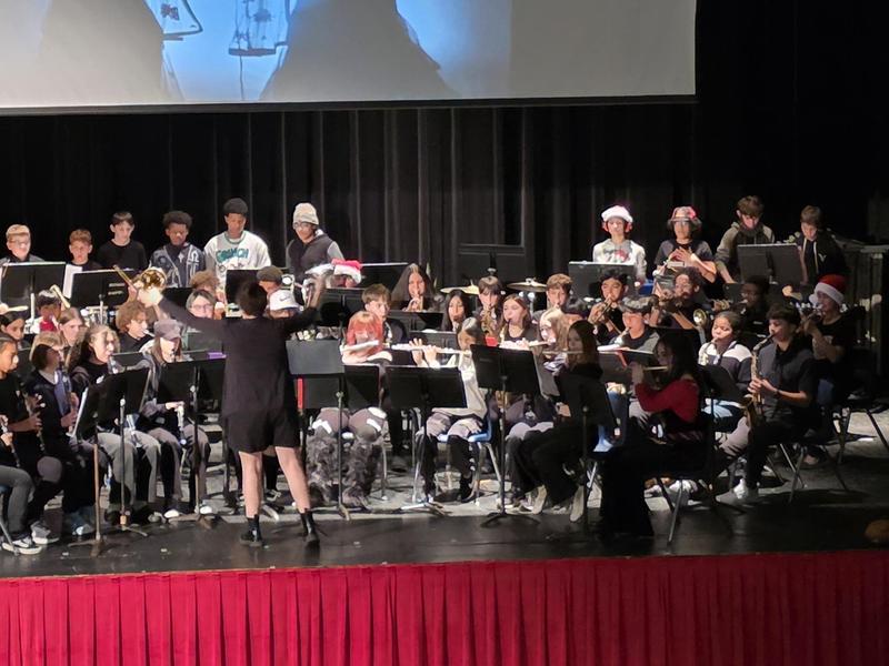 A school band performing on stage with a backdrop displaying 'Shadow Dance'.