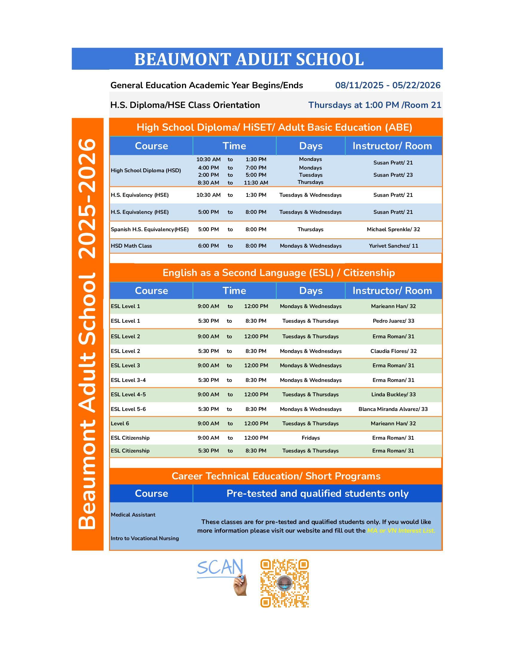 25/26 class schedule