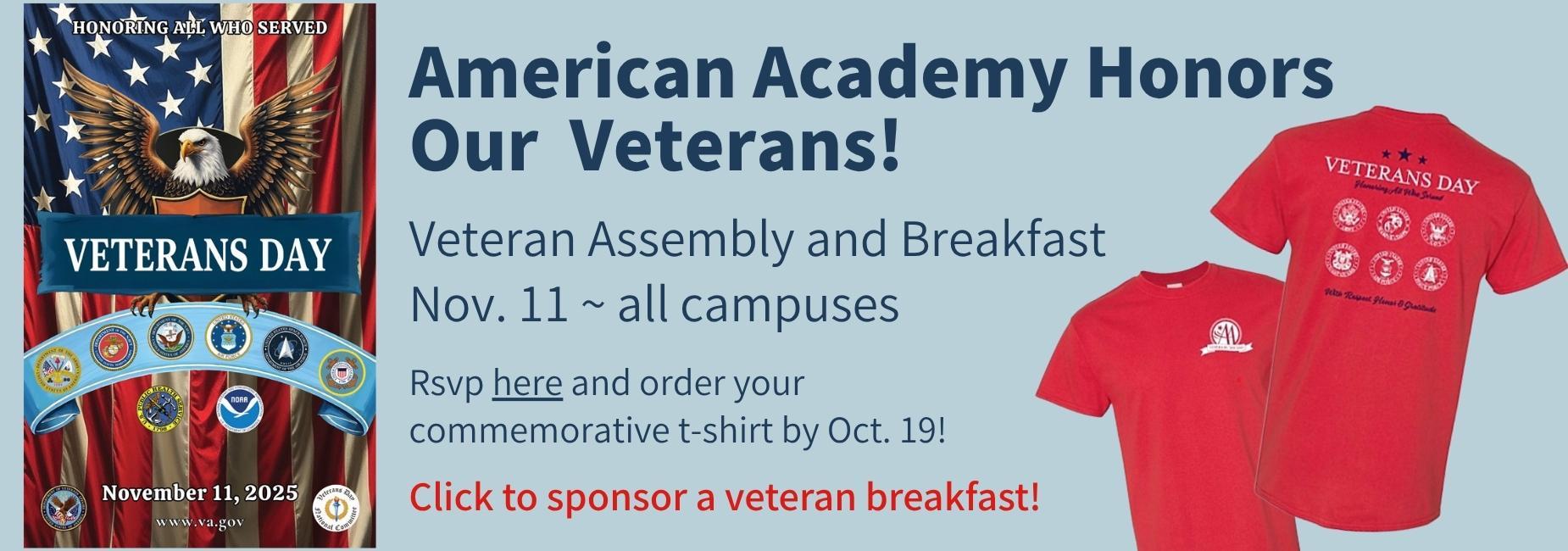 Banner announcing American Academy Veterans Day event with eagle graphic and red t-shirt highlights.