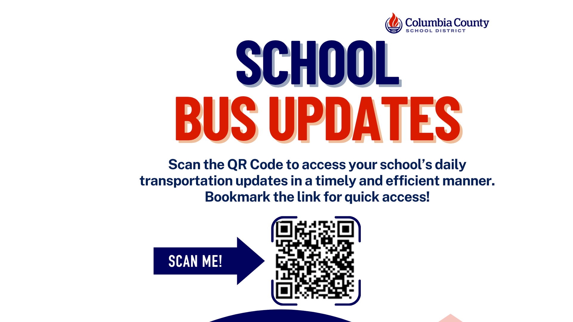 Yellow school bus graphic with QR code and text for transportation updates.