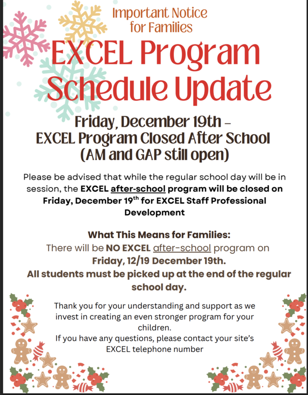 Excel Afterschool Program closes on Friday 12/19/2025 Featured Photo