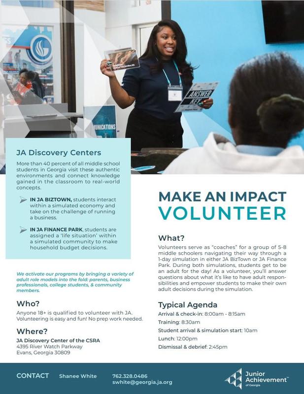 Flyer explaining why volunteers are needed at the Junior Achievement