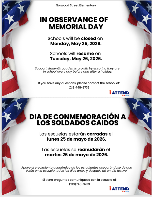 School closed Monday, May 25, 2026 in observance of Memorial Day /escuela cerrada lunes 25 de mayo de 2026, Día de conmemoración a los soldados caidos. Featured Photo
