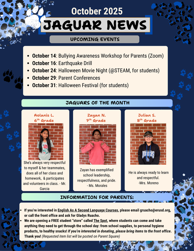 Our October Parent Newsletter is now available! Stay informed about upcoming school events, important announcements, and classroom news for the month.