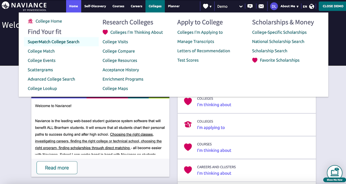 Screenshot of the menu for Naviance