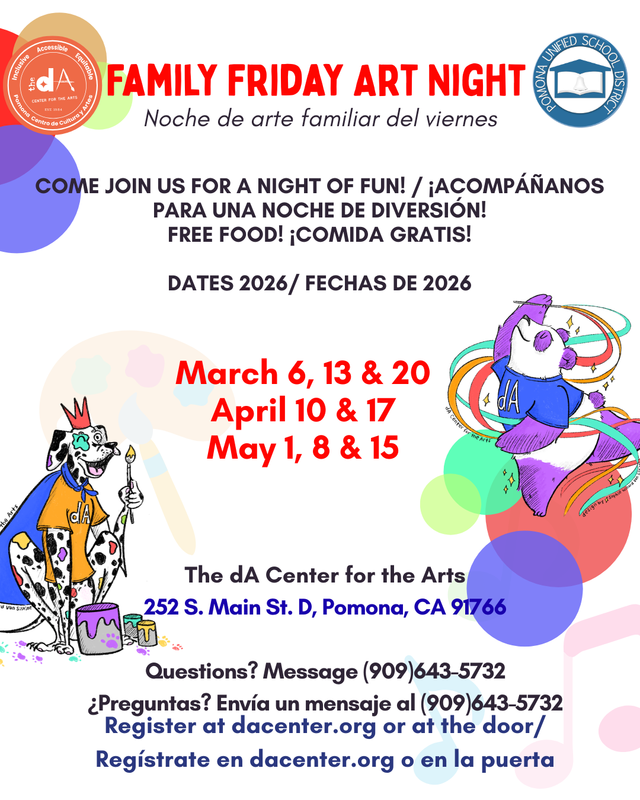 Dates for Upcoming Friday Night Art at the dA Center - image of flyer with dates