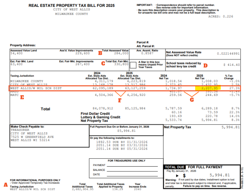 Real estate property tax bill for 2025, detailing assessed value and payment information.