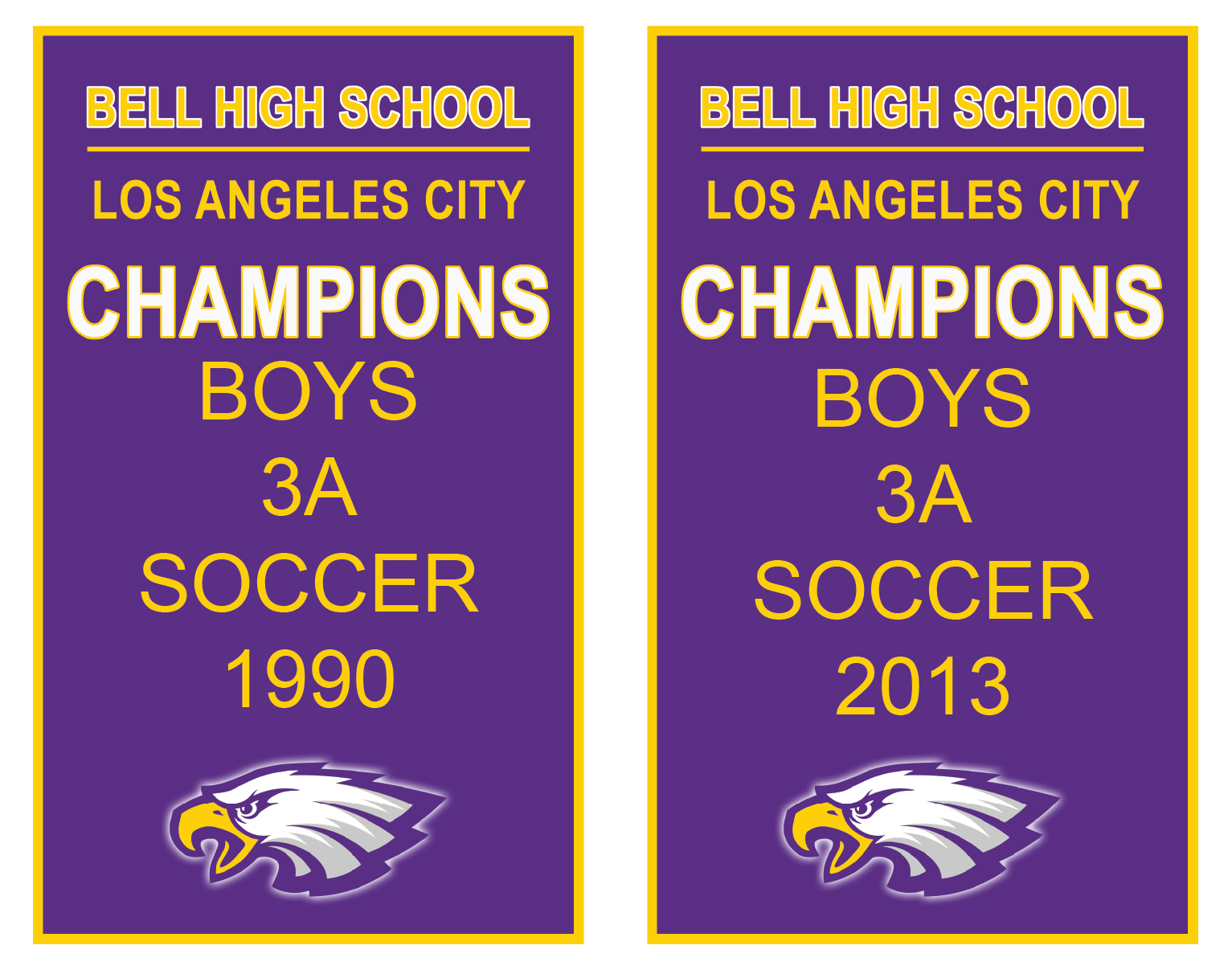 This picture shows the championship banners for boys soccer from 1990 and 2013. 013