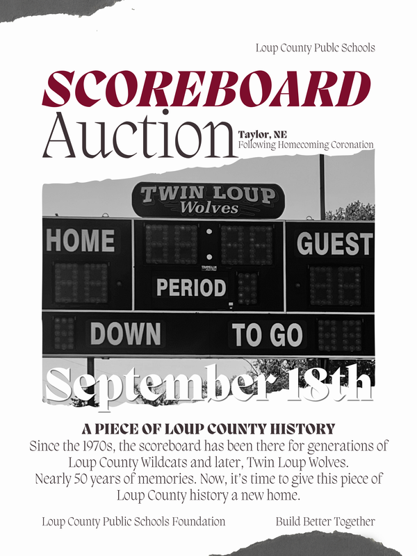 The old Loup County scoreboard, which has been used since the 1970s and is being auctioned following Homecoming Coronation on September 18.