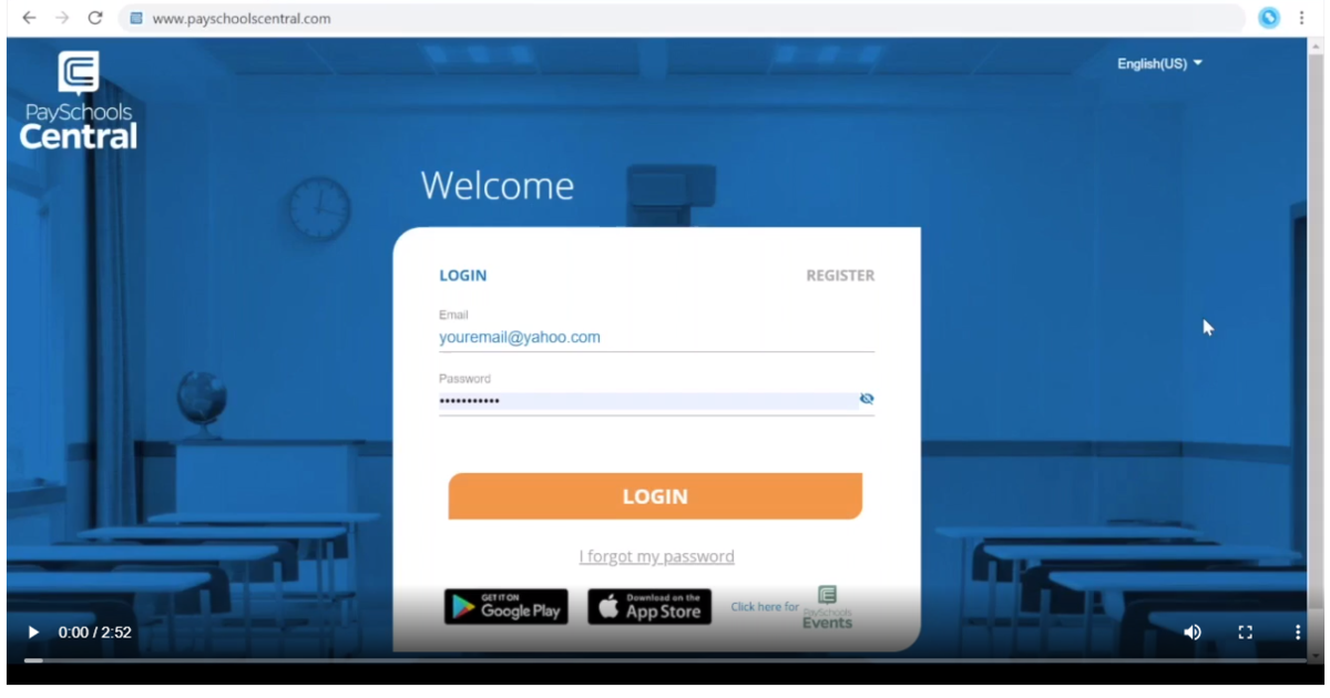 PaySchools Central Video home screen