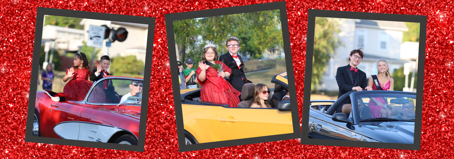 Children and teens enjoying a parade in convertibles, celebrating homecoming.