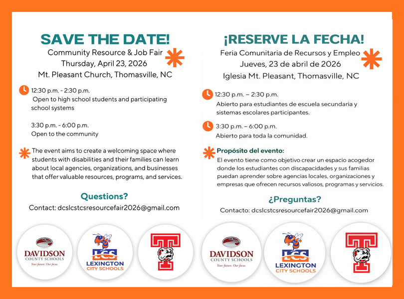 Save the date Community Resource & Job Fair 
Thursday, April 23, 2026
Mt. Pleasant Church, Thomasville, NC