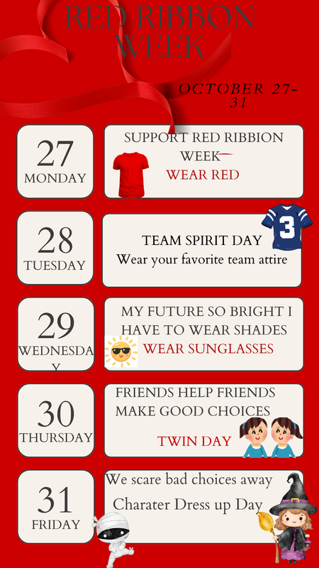 Event schedule for Red Ribbon Week with themed days and activities.