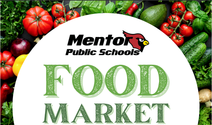 Vegetables and fruits arranged around a circular sign for a food market.
