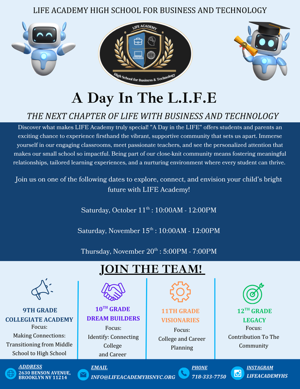 Join us on one of the following dates to explore, connect, and envision your child's bright future with LIFE Academy!  Saturday, October 11th : 10:00AM - 12:00PM  Saturday, November 15th : 10:00AM - 12:00PM  Thursday, November 20th : 5:00PM - 7:00PM
