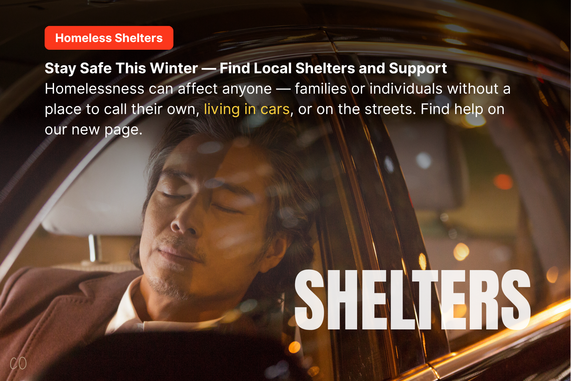 man sleeping in car - our new page has resources to homeless shelters