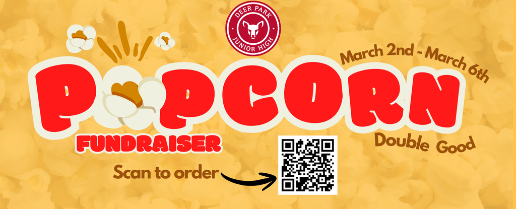 Promotional graphic for a popcorn fundraiser event with QR code.