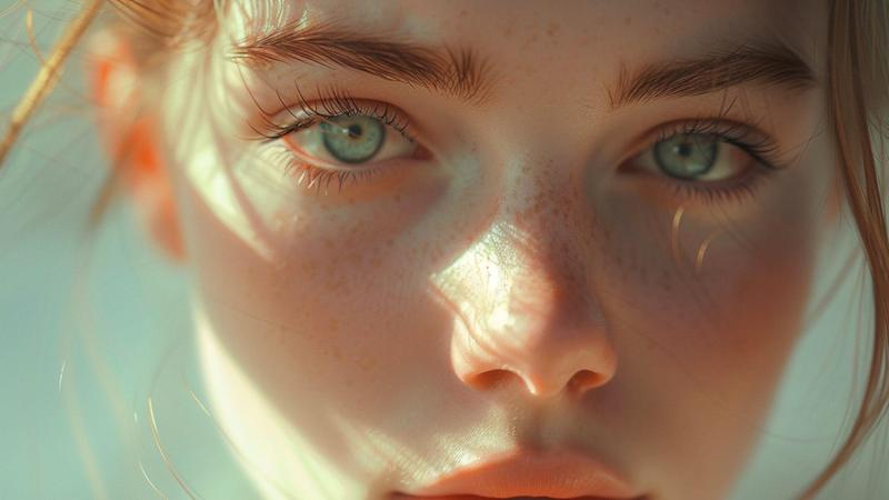 Close-up portrait of a girl with freckles and green eyes illuminated by soft light.