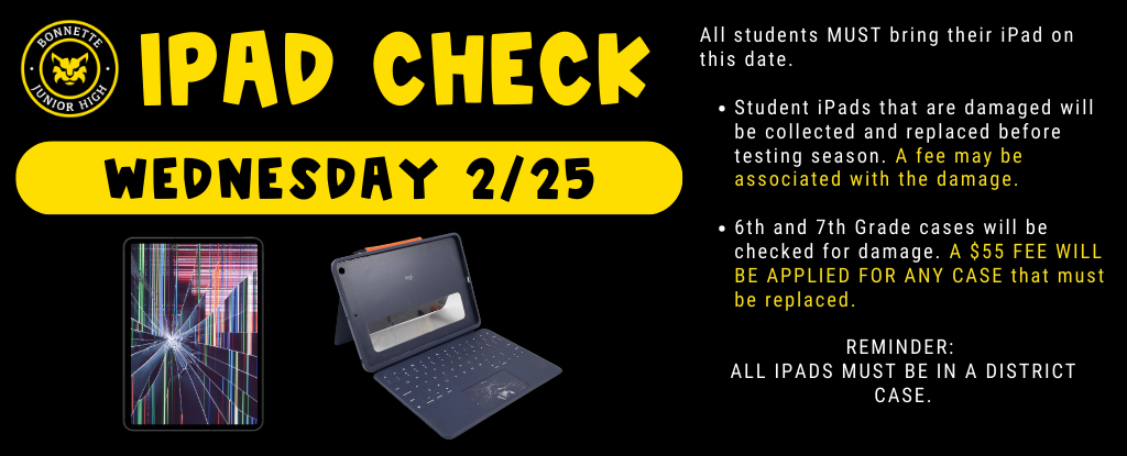 Announcement about iPad check on February 25 with instructions and fees.