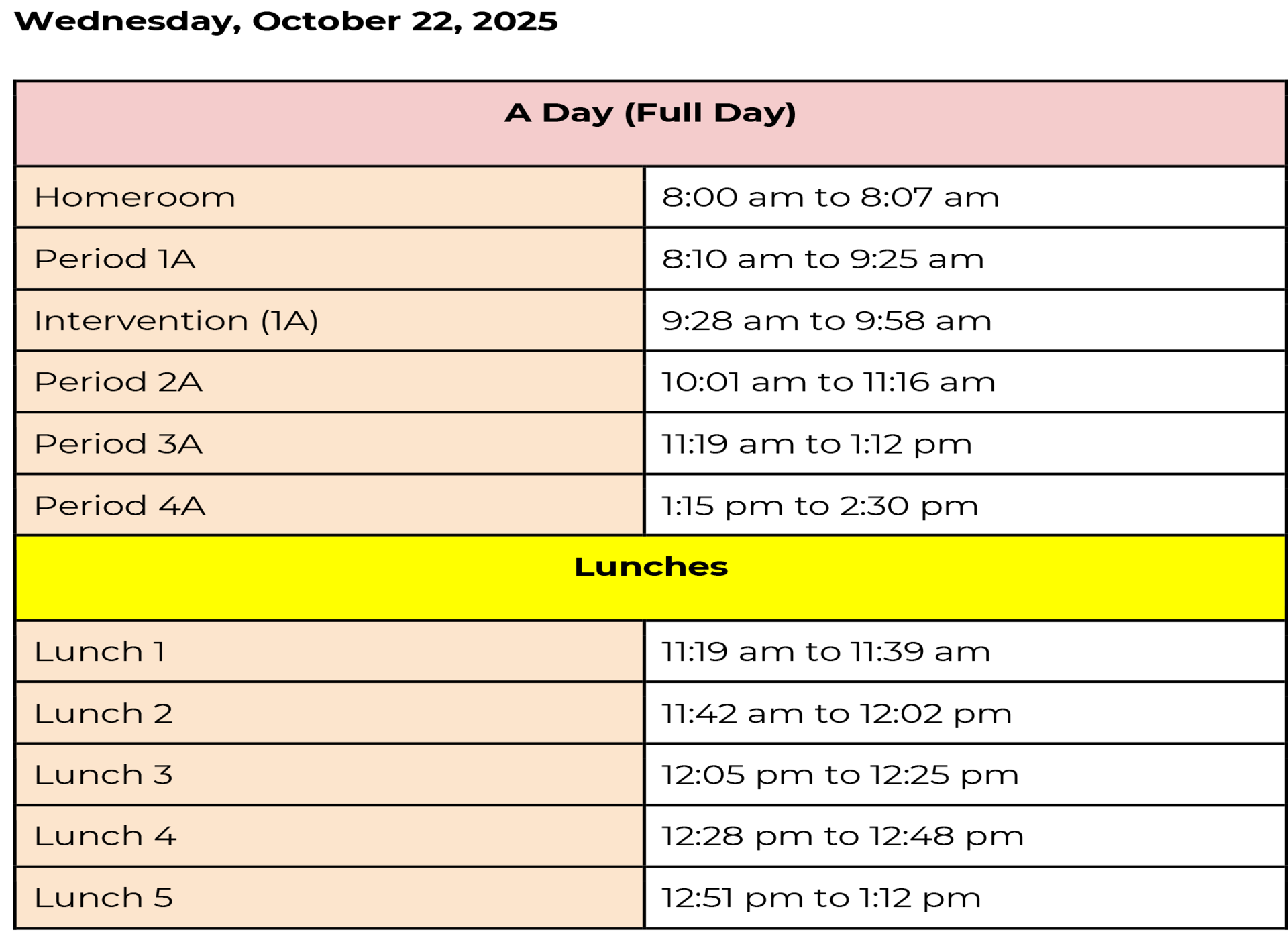 A Day schedule featuring periods and various lunch options.