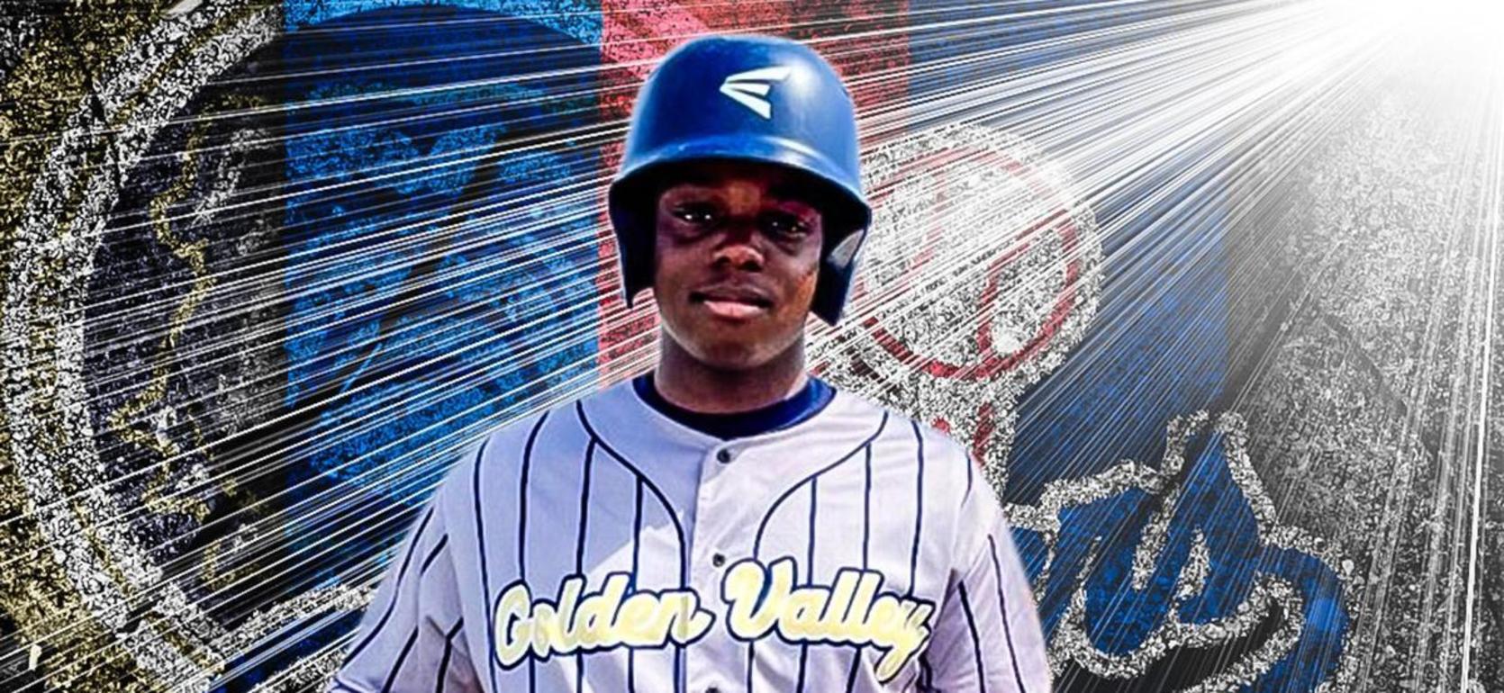 A young man in a baseball uniform poses with a bat in a stylized background.