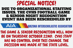 AIA logo with announcement of game reschedule as written in text