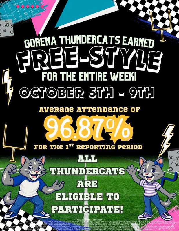 Congratulations Thundercats you have earned free-style for the entire week of October 5th - 9th for achieving 96.87% attendance.