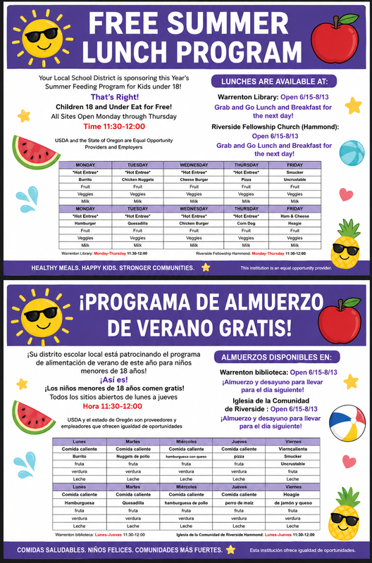 Summer Lunch Program Calendar
