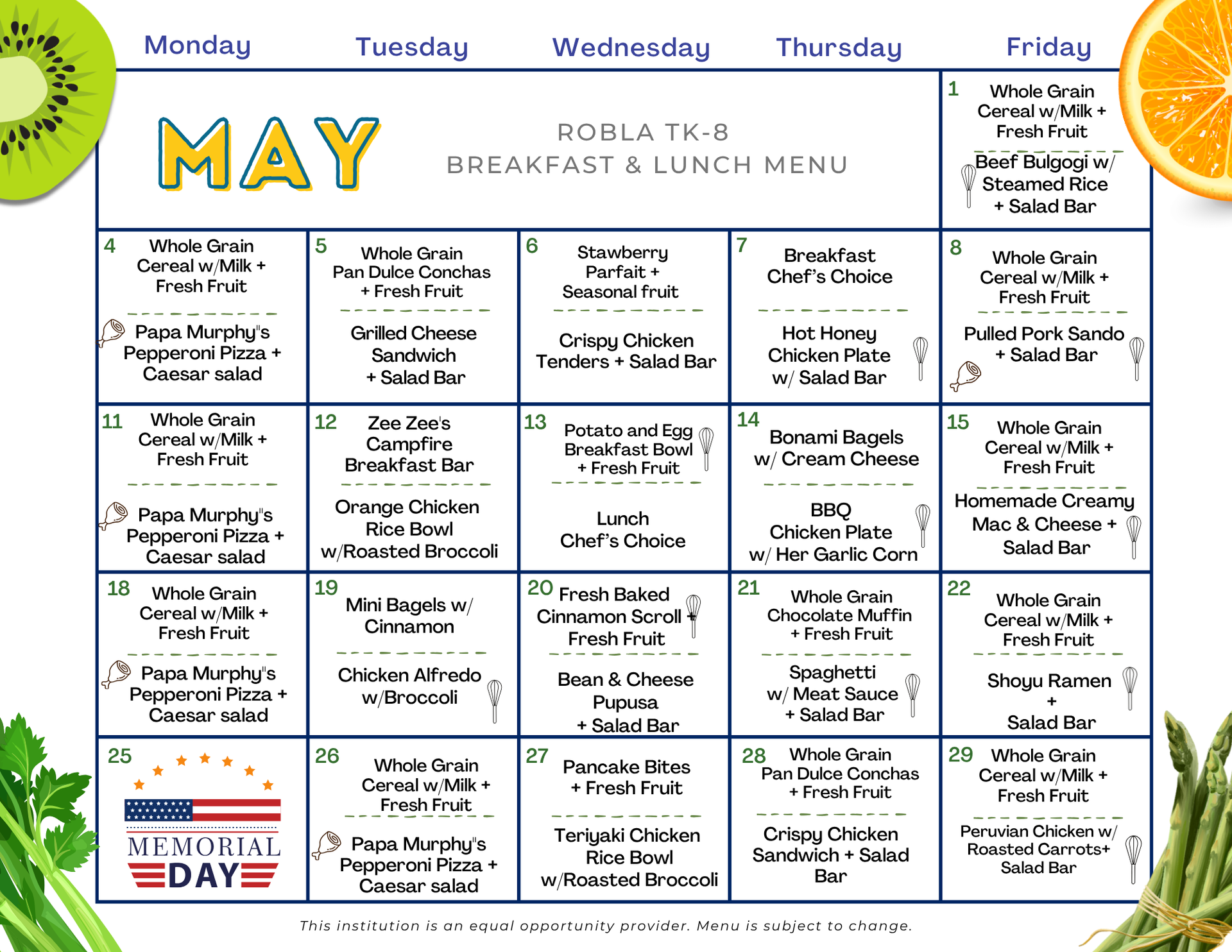 TK-6 Breakfast & Lunch May Menu