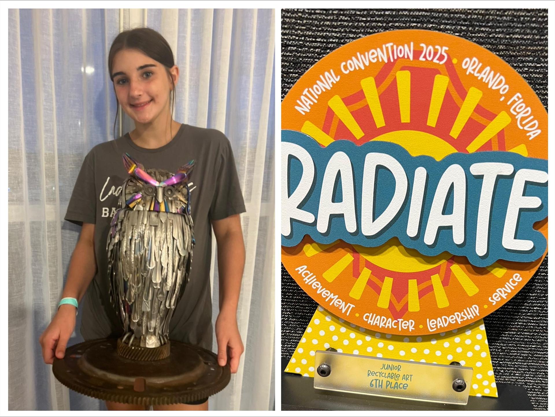 Girl holding owl made from recyclable art and Radiate trophy. 